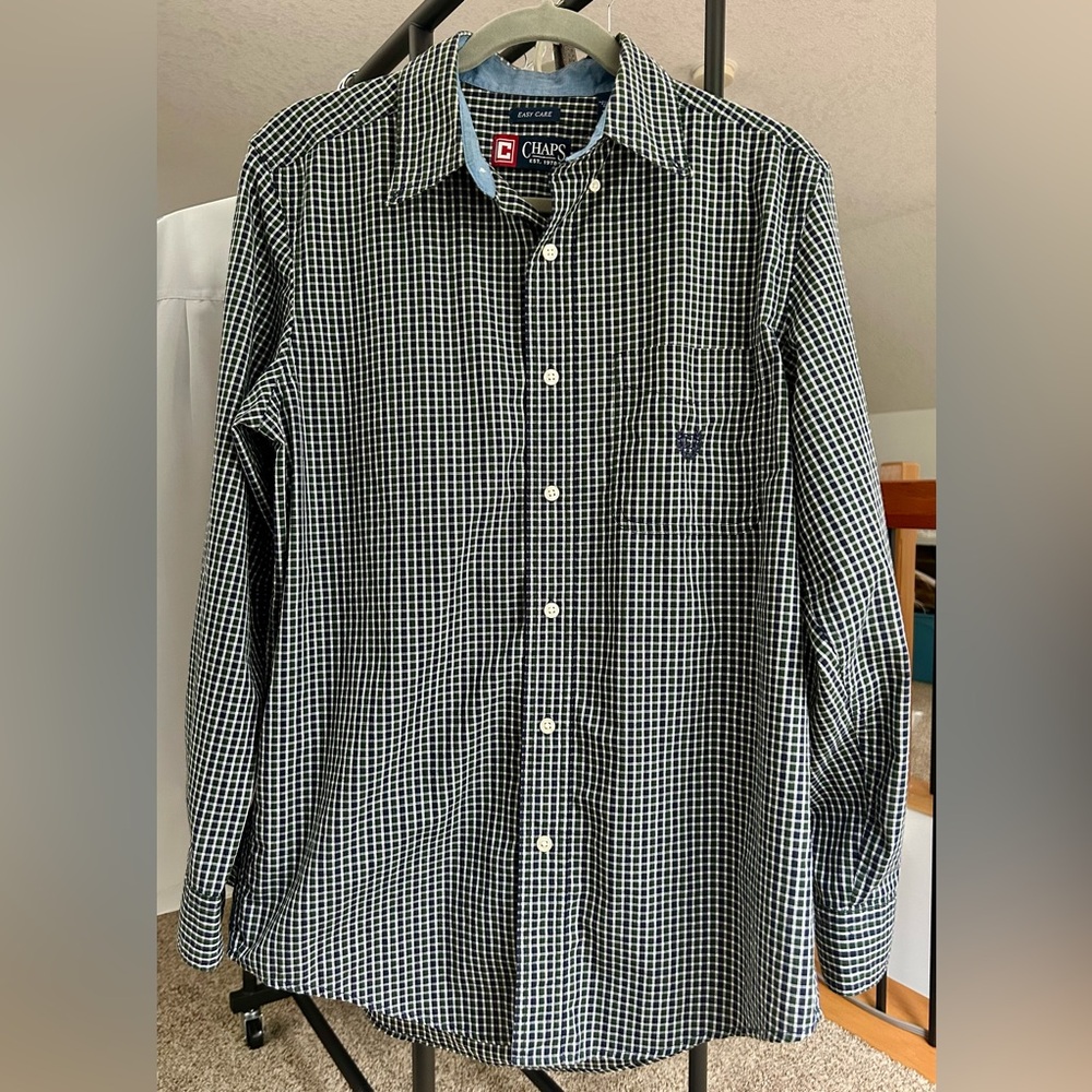 Chaps • Men’s Easy Care Plaid Button Down Shirt • Green Navy White • Size Small